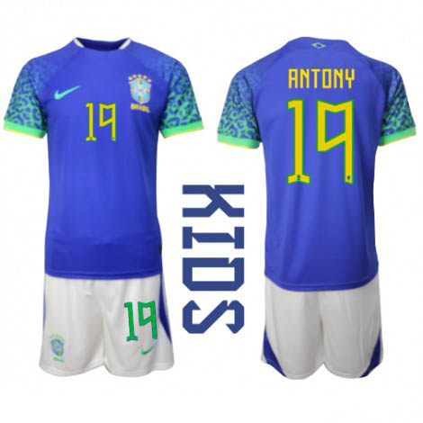 Kids Brazilië Antony #19 Uit tenue WK 2022 Korte Mouw (+ Korte broeken)