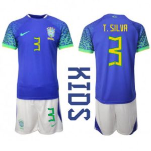 Kids Brazilië Thiago Silva #3 Uit tenue WK 2022 Korte Mouw (+ Korte broeken)