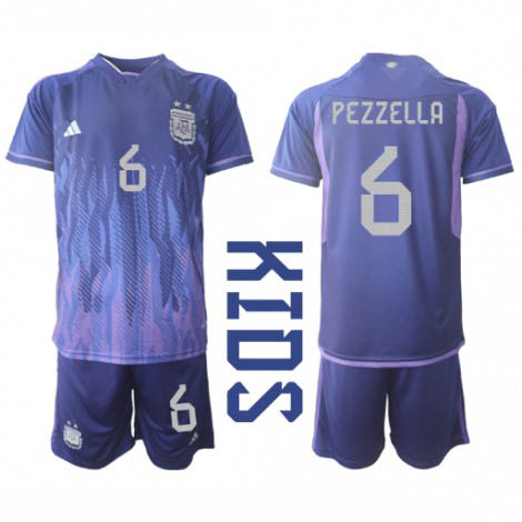 Kids Argentinië German Pezzella #6 Uit tenue WK 2022 Korte Mouw (+ Korte broeken)