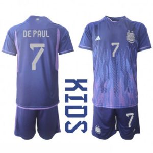 Kids Argentinië Rodrigo de Paul #7 Uit tenue WK 2022 Korte Mouw (+ Korte broeken)